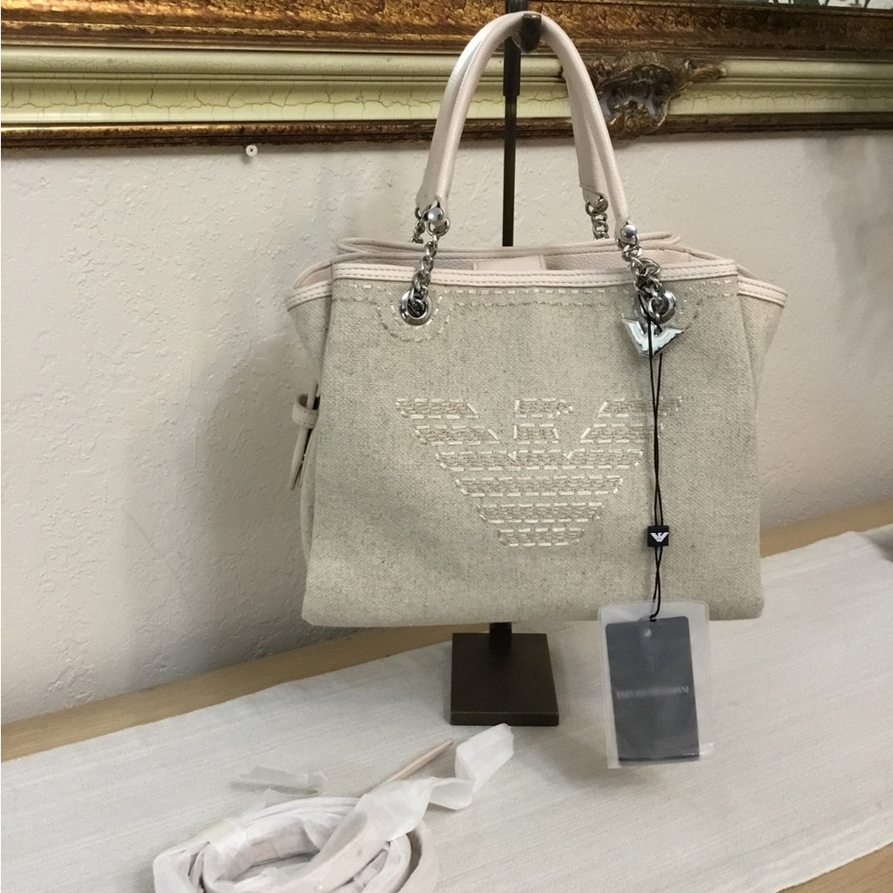 Emporio Armani Cream-Beige Canvas Logo Tote with Leather Trim